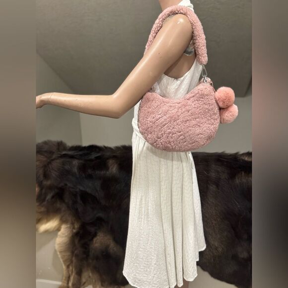 Dusty Rose Real Shearling Leather Half Moon Handbag with 2 Straps & Fur Charm - Picture 12 of 16